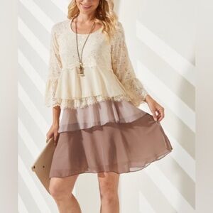 Vanilla & Mocha Lace-Bodice Tiered Ruffle Shift Dress
